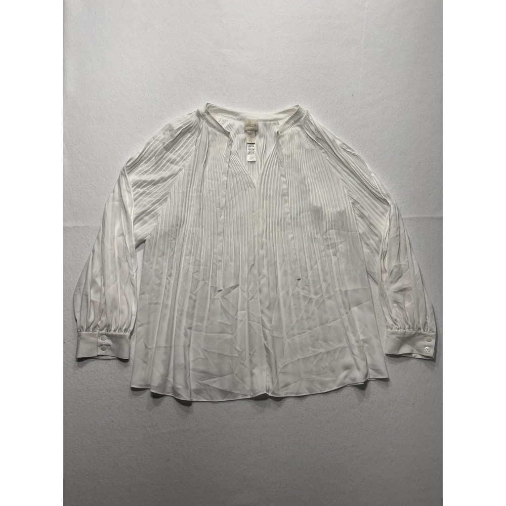Chico's Blouse Womens 2 White Pleated V Neck Long Balloon Sleeve Tunic Top